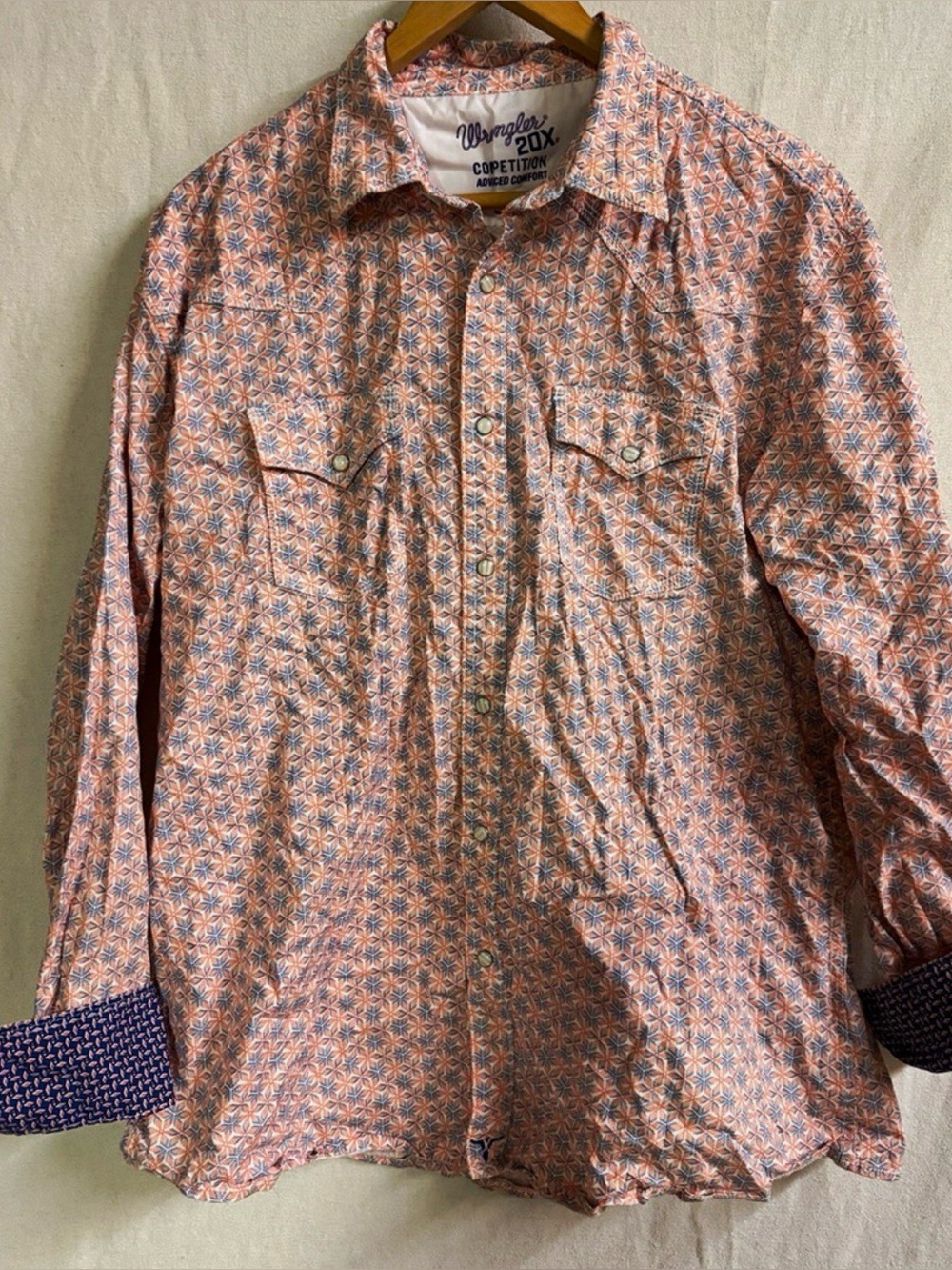 Wrangler 20X Competition Mens XL Pearl Snap Western Shirt Geometric Orange